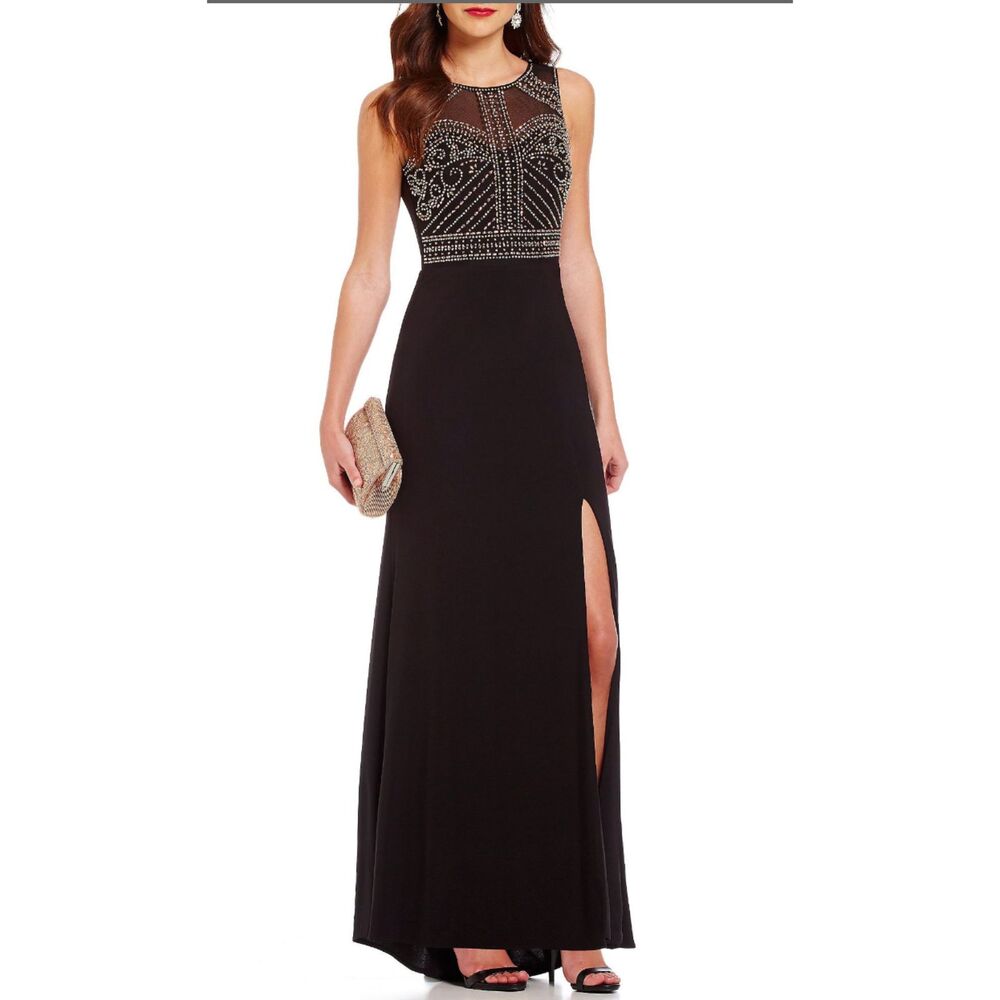 Morgan & Co Black Gold Beaded Illusion Maxi Formal Gown Front Side Slit 14W NWT